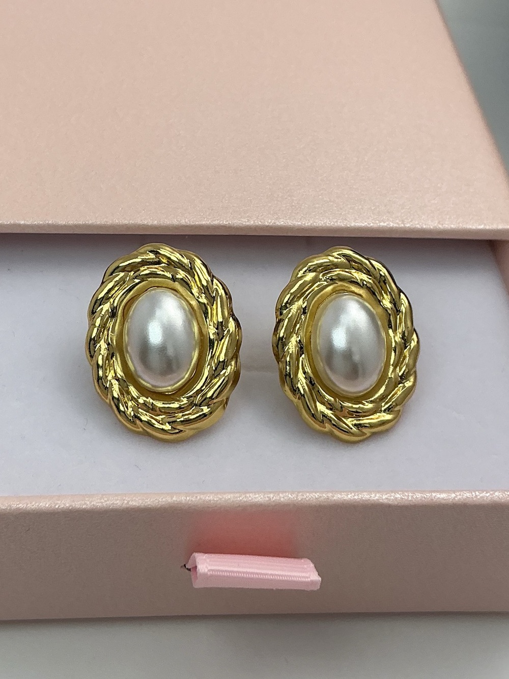 Vintage Inspired Oval Faux Pearl Gold Rope Earrings | Stainless Steel